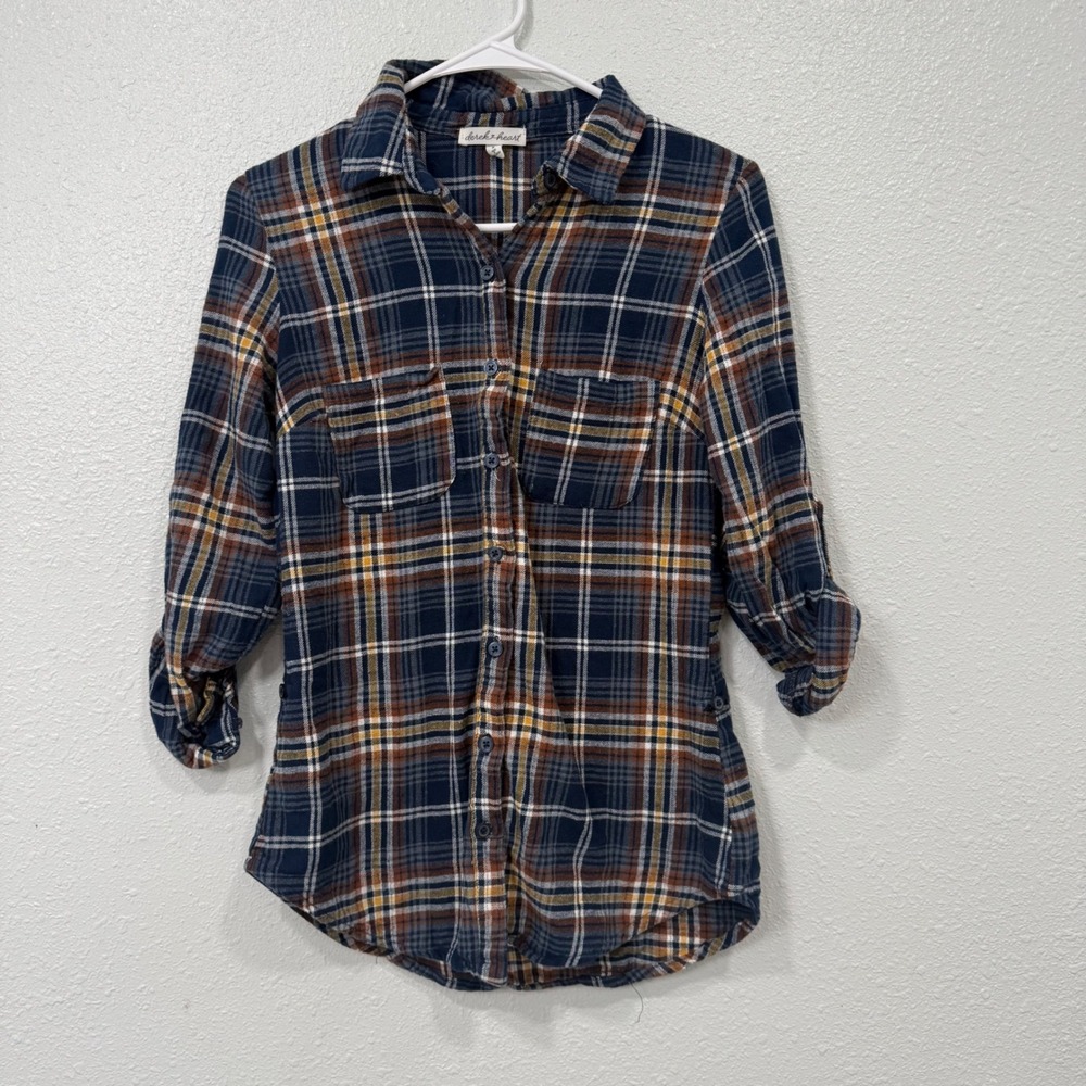 Derek Heart Womens Navy Blue Plaid Roll Tab Sleeve Flannel Shirt Medium
